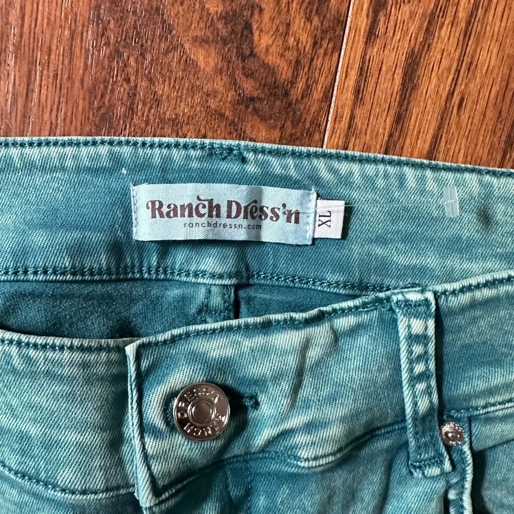 Green Flare Wide Leg Jeans with Decorative Detailing